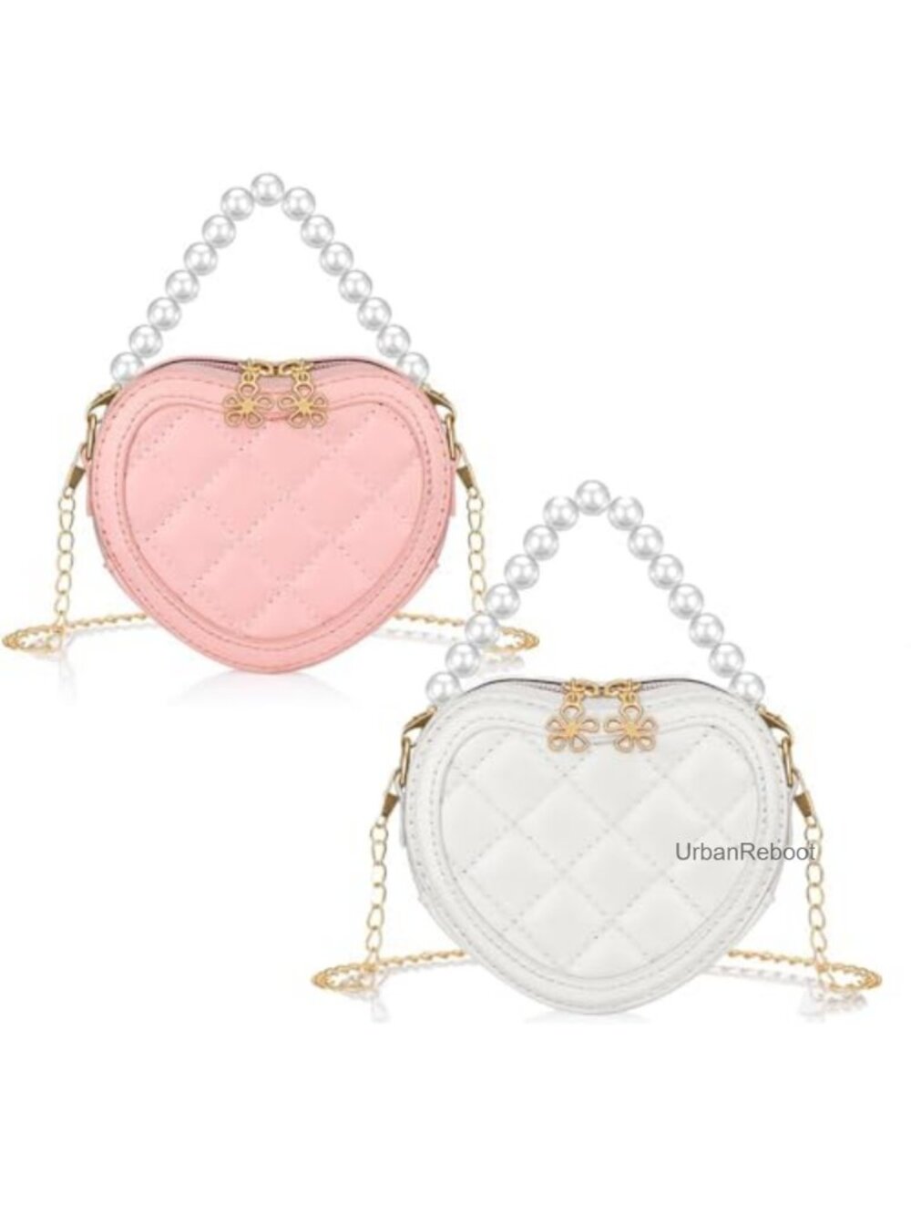 2 Pack Heart Shaped Kids Crossbody Bag PU Mini Purse Pearl Handle Chain Strap
